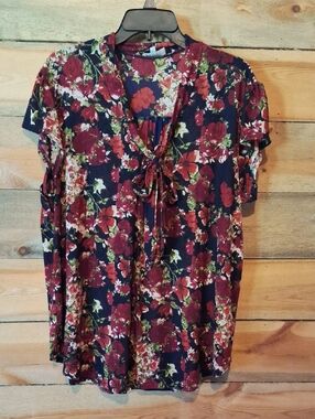 Siren Lily Black Blouse with Burgundy Floral Tie-Front